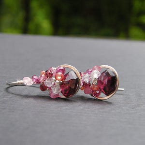 Garnet tourmaline sapphire sterling silver earrings, small front facing circle hooks with red pink gemstones
