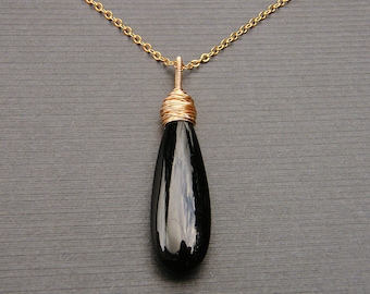 18.65ct black onyx pendant necklace gold long teardrop wire wrapped black onyx necklace gold black onyx gold fill necklace