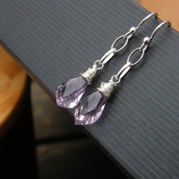 Rose de France amethyst earrings sterling silver drop dangle pink amethyst step faceted twist earrings lilac gemstone unusual cut