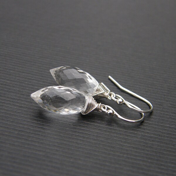 Clear quartz earrings sterling silver, rock crystal dangle drop French hooks, colourless single gemstone gift for her, neutral accessories