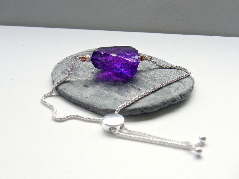 slide bracelet in sterling silver and rose gold raw stone jewellery purple gemstone popcorn bracelet Violet quartz slider bracelet
