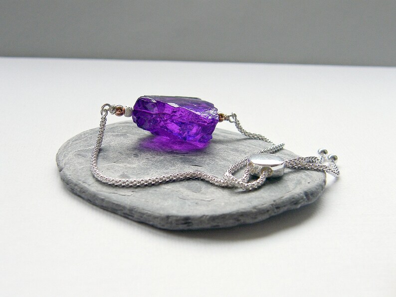 slide bracelet in sterling silver and rose gold raw stone jewellery purple gemstone popcorn bracelet Violet quartz slider bracelet