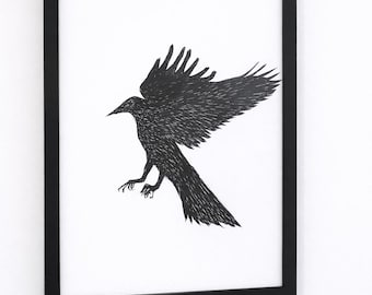 Original Crow Pen and Ink Drawing - A4 Framed Artwork