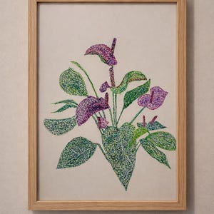 Dibujo a tinta de anturio, arte floral de pared enmarcado A4. Dibujo de flores.