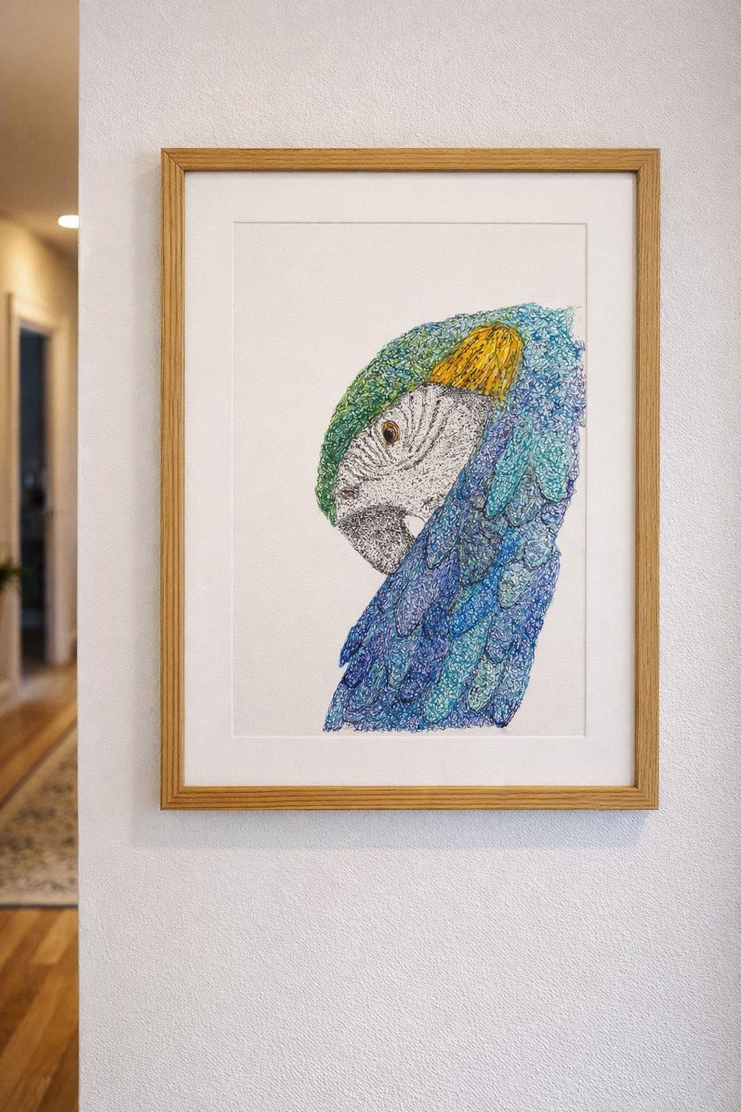 Photo inspiration: Gallery Detail: Original Macaw Parrot Pen Ink Drawing A4 Framed Blue Green