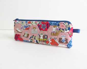 Slim Kokka Cats & Liberty Lawn EPP Hexie Patchwork Collection Zippered Pencil Case