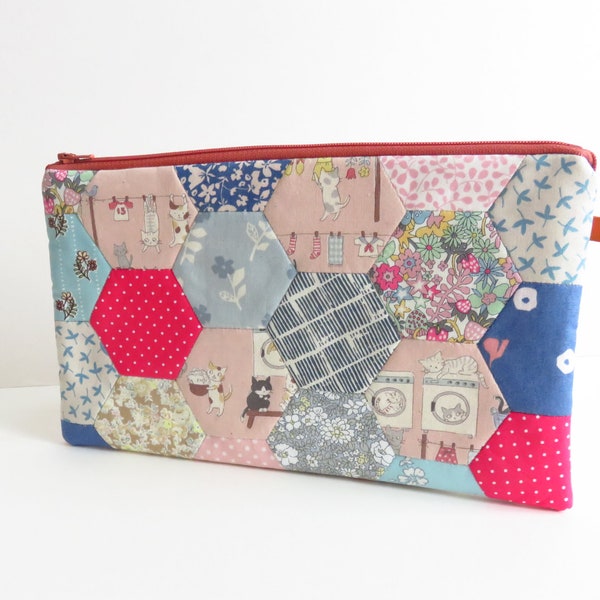 Large Kokka Trefle, Laundry Cats & Other Epp Hexie Patchwork Fabric Padded Zippered Case.