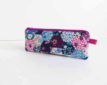 Slim EPP Hexie Patchwork Liberty Quilting Cotton Flower Show Midnight Garden Collection Zippered Pencil Case