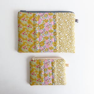 Pode incluir: Duas bolsas de tecido acolchoado. A bolsa maior tem um zíper azul escuro e uma aba cinza. A bolsa menor tem um zíper bege e uma aba bege. Ambas as bolsas têm um padrão floral em amarelo, rosa e branco.