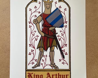 Impresión A4 del Rey Arturo / Manuscrito medieval iluminado Historia de la Biblioteca Británica Caballeros de la Mesa Redonda Patrimonio inglés Inglaterra
