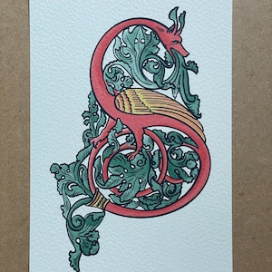 May include: A rectangular print on textured white paper featuring a stylised illustration of a mythical creature with a red body, yellow wings, and green leafy foliage. The creature is intertwined with intricate, swirling green plant motifs.