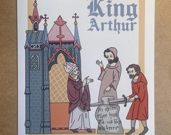 Impresión A4 del Rey Arturo / Espada en la piedra Manuscrito medieval iluminado Lancelot Grial Historia Herencia inglesa Inglaterra Caballeros de Camelot