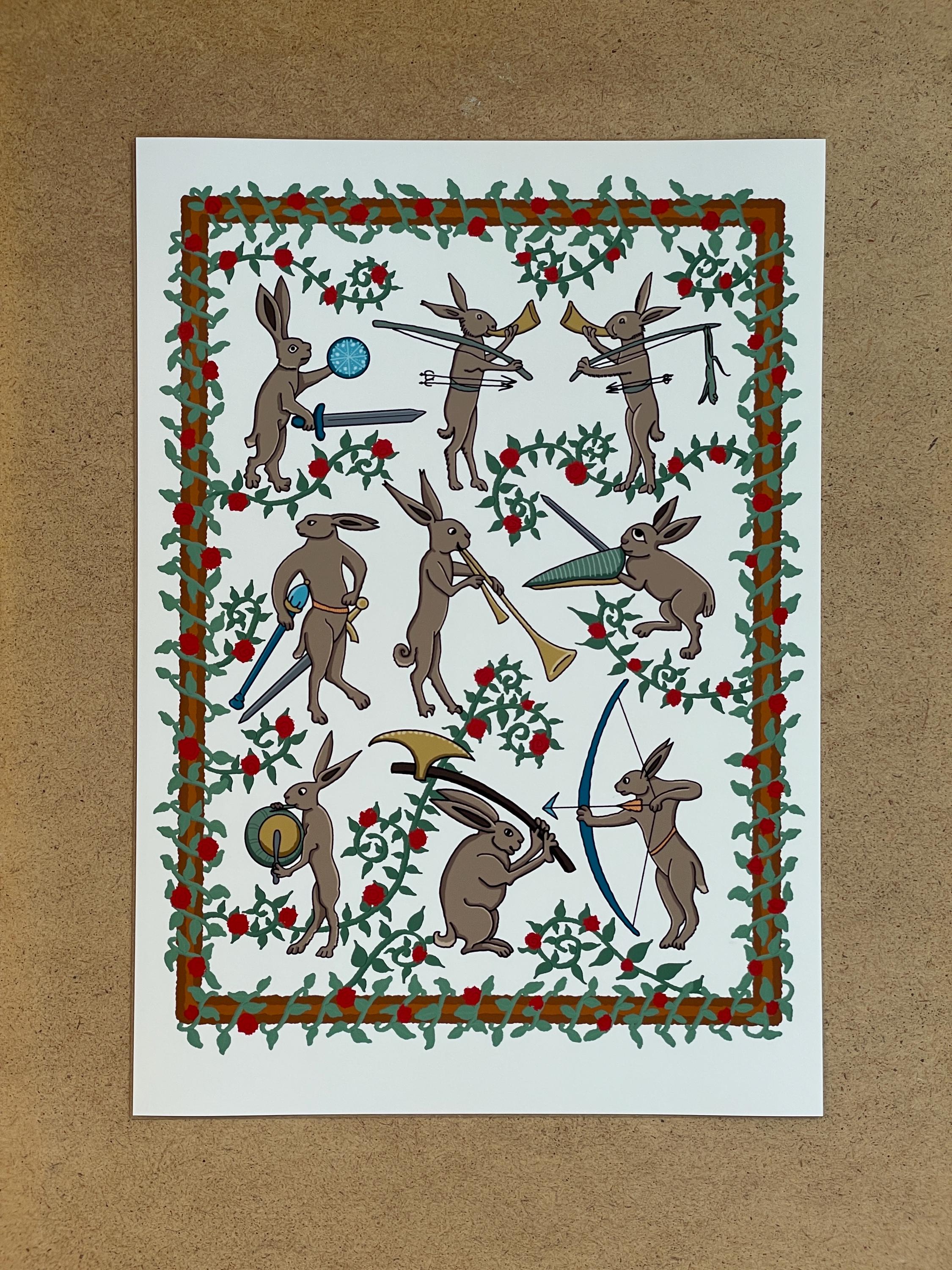 Medieval Rabbits A4 Print | Bunny Hare Rose Bestiary Illuminated ...