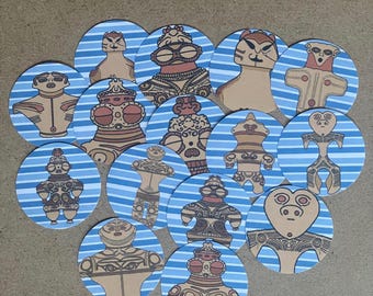 May include: A collection of circular coasters featuring stylized, tan-colored figurines with intricate designs. Each coaster is set against a blue and white striped background, creating a visually appealing and thematic set.