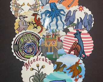 May include: A collection of whimsical, scalloped-edge stickers featuring medieval-style illustrations. Designs include an octopus, birds, a fish, and the word "Mandrake". The stickers are in various colors, including blue, orange, and green.