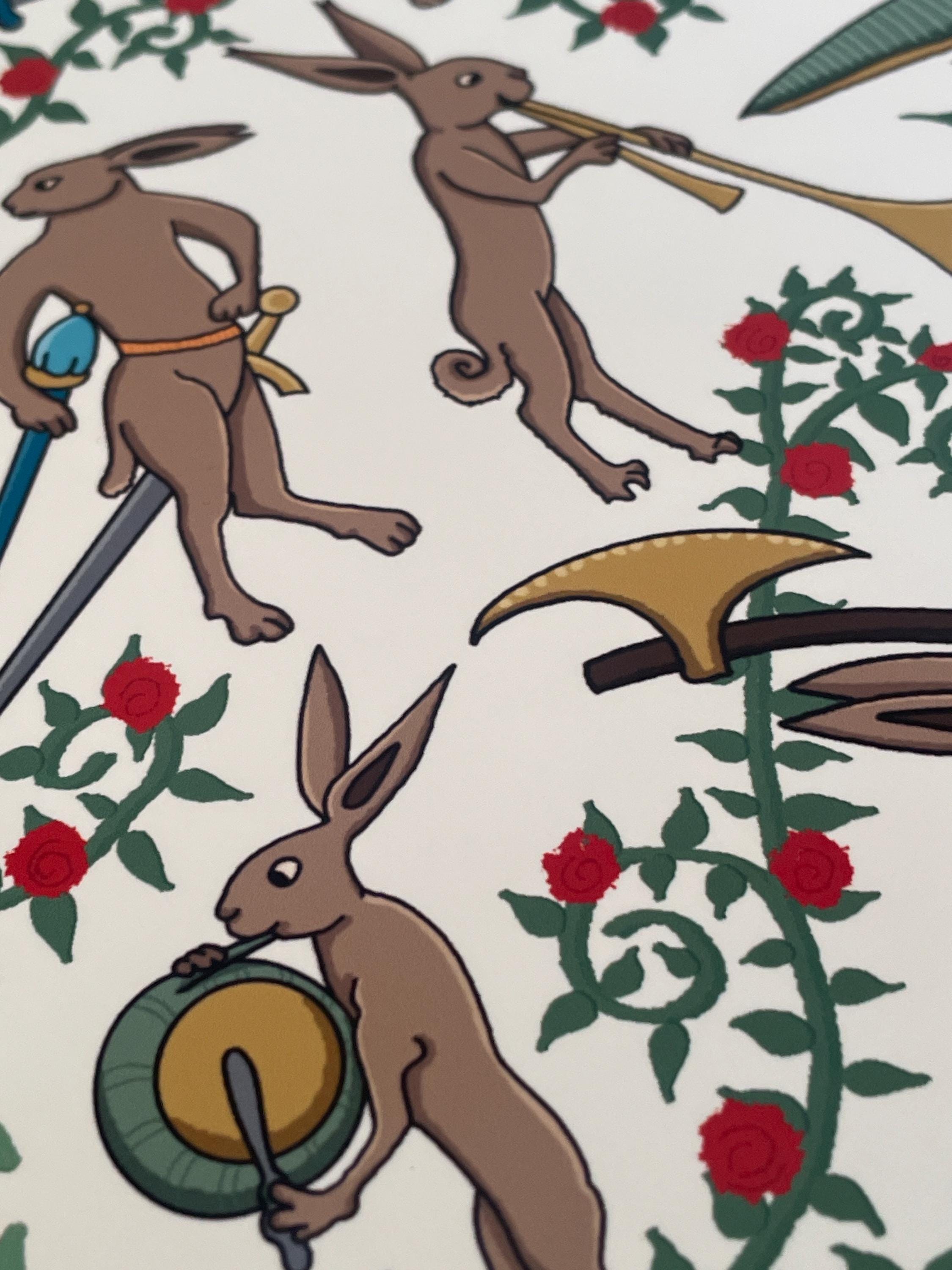 Medieval Rabbits A4 Print | Bunny Hare Rose Bestiary Illuminated ...