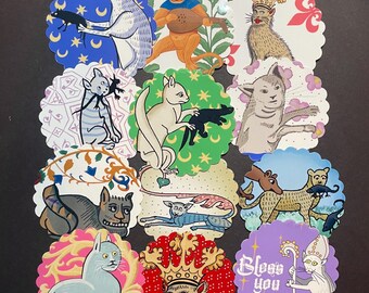 12 Large Medieval Cat Stickers | scalloped edge midde ages history