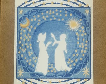 Impression A4 Céleste médiévale | histoire art moyen-âge décoration d'intérieur soleil lune étoiles cieux British Library Reine de France anges archives