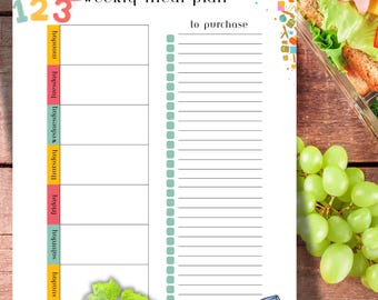 Planner pasti a tema scolastico / Download digitale / Planner menu settimanale e lista della spesa