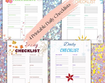 May include: Four printable daily checklist templates with different seasonal themes. Each checklist includes sections for daily routine, to-do list, today's goals, notes, reminders, and for tomorrow.