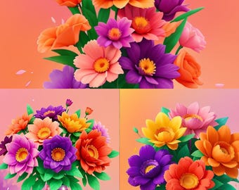 May include: Three bouquets of colourful paper flowers in vases. The flowers are orange, yellow, pink, and purple. The vases are clear glass with a colourful design.