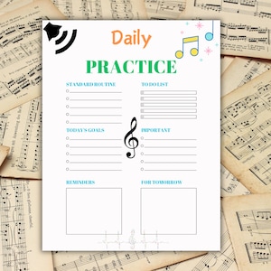 Peut inclure: Un planificateur de pratique musicale quotidien blanc avec les mots "Daily PRACTICE" en orange et vert. Le planificateur comprend des sections pour la routine standard, la liste des tâches, les objectifs du jour, les notes importantes, les rappels et pour demain. Des notes de musique et une clé de sol sont également présentées.