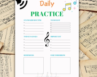 May include: A white daily practice music planner with the words "Daily PRACTICE" in orange and green. The planner includes sections for standard routine, to-do list, today's goals, important notes, reminders, and for tomorrow. Musical notes and a treble clef are also featured.