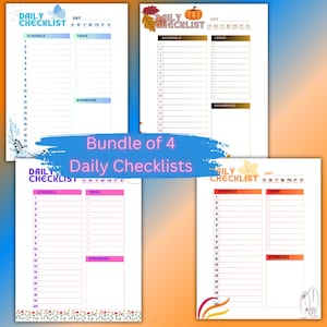 Op de afbeelding: Een bundel van vier dagelijkse checklist-sjablonen met verschillende seizoensgebonden thema's. Elke sjabloon bevat secties voor het plannen van taken en herinneringen. De ontwerpen bevatten bloemen-, blad- en pompoenafbeeldingen, met kleurenschema's van blauw, goud, roze en oranje.