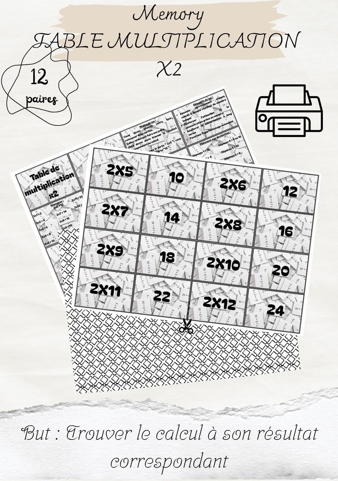 Multiplication Table X2 - Printable Memory Game - Math Flashcards - 12 ...
