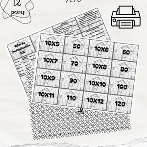 Multiplication Table x10 - Printable Memory Game - Math Flashcards - 12 Pairs - Educational and Fun Game