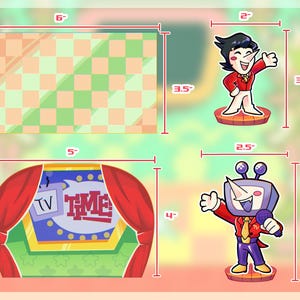 May include: A collection of cartoon-style stickers and a backdrop. The stickers include a character in a red jacket, a TV-headed figure with a microphone, and a stage with the text "TV TIME". The backdrop is 6 inches wide.