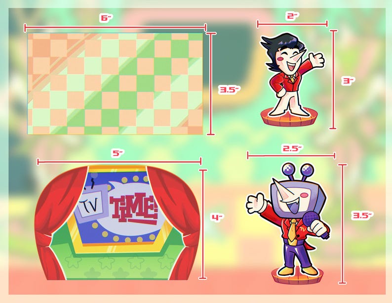 May include: A collection of cartoon-style stickers and a backdrop. The stickers include a character in a red jacket, a TV-headed figure with a microphone, and a stage with the text "TV TIME". The backdrop is 6 inches wide.