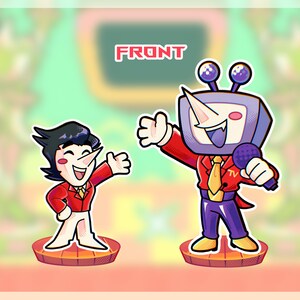 May include: Two cartoon figures, one with a TV head and the other with black hair, stand on circular platforms. Both figures wear red jackets and white pants. The TV-headed figure holds a microphone. The word "FRONT" is displayed at the top.