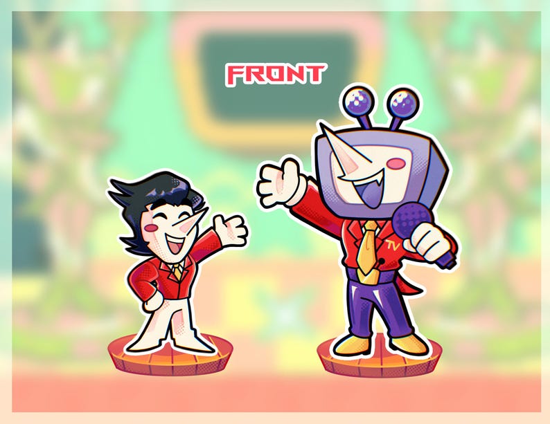 May include: Two cartoon figures, one with a TV head and the other with black hair, stand on circular platforms. Both figures wear red jackets and white pants. The TV-headed figure holds a microphone. The word "FRONT" is displayed at the top.