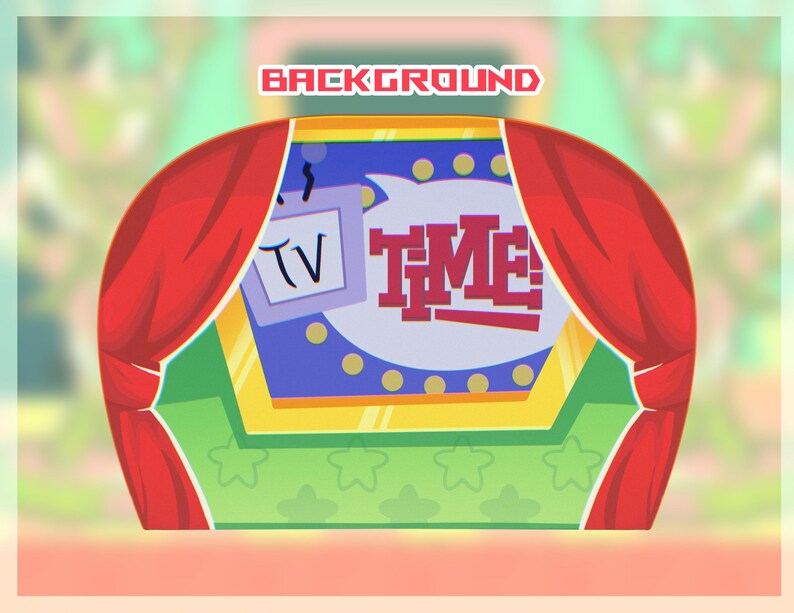 May include: A cartoon stage design with red curtains framing a blue and yellow screen. The screen displays the word "TV" and the words "TIME!" in a speech bubble. The stage has a green base with star cutouts.