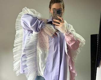 Patchwork Ruffle Shirt – Handmade Statement Blouse, One-of-a-Kind Artistic Fashion
