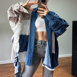 Patchwork Ruffle Shirt – Handmade Upcycled Clothing, Oversized Boho Top