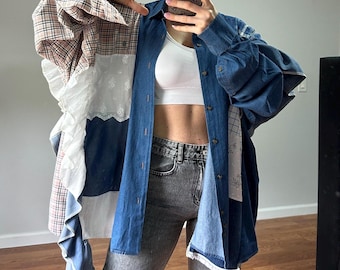 Camisa de retazos con volantes – Ropa reciclada hecha a mano, top bohemio extragrande