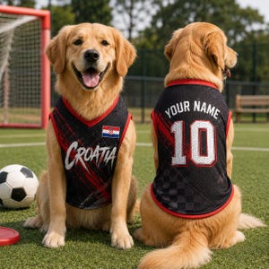 Op de afbeelding: Twee golden retriever honden dragen zwarte sportshirts van mesh met rode biezen. Het voorste shirt bevat de tekst 'CROATIA' en een Kroatische vlag. Het achterste shirt toont de tekst 'YOUR NAME' boven het grote witte nummer 10.