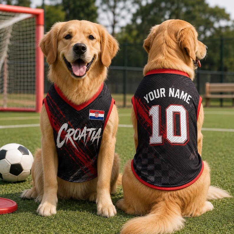Op de afbeelding: Twee golden retriever honden dragen zwarte sportshirts van mesh met rode biezen. Het voorste shirt bevat de tekst 'CROATIA' en een Kroatische vlag. Het achterste shirt toont de tekst 'YOUR NAME' boven het grote witte nummer 10.