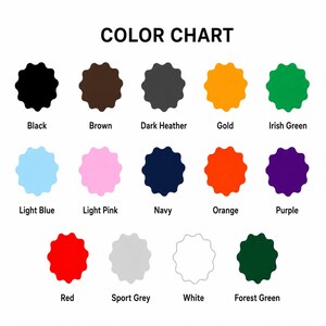 Puede incluir: Una carta de colores con 15 muestras de colores diferentes. Los colores incluyen negro, marr&oacute;n, gris oscuro, dorado, verde irland&eacute;s, azul claro, rosa claro, azul marino, naranja, morado, rojo, gris deportivo, blanco y verde bosque. El texto "COLOR CHART" est&aacute; en la parte superior.