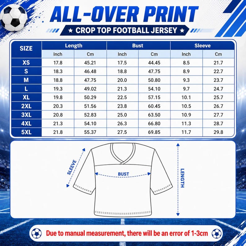 Puede incluir: Una tabla de tallas para una camiseta de f&uacute;tbol corta con estampado integral. La tabla muestra las medidas de largo, busto y manga en pulgadas y cent&iacute;metros para las tallas XS a 5XL. Un diagrama ilustra d&oacute;nde se toman las medidas.
