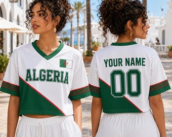 Algeria Soccer Crop Top Jersey Custom Name Number, Algerian National Flag Shirt, Algeria Football Croptop Outfit Clothes Gift for Women