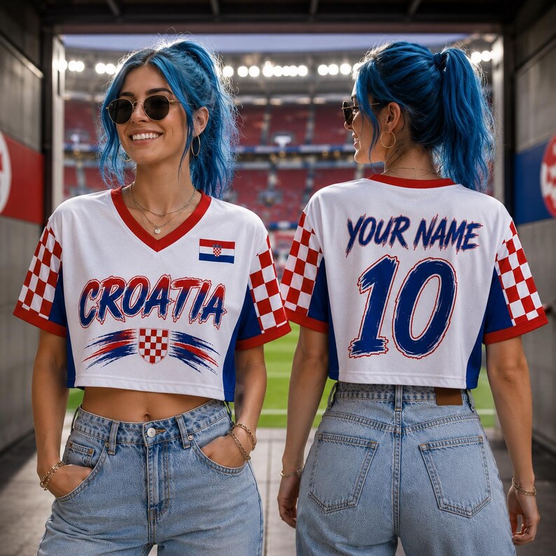 Puede incluir: Una camiseta corta blanca con un patr&oacute;n de cuadros rojos y blancos en las mangas, el texto CROATIA en la parte delantera y el texto YOUR NAME con el n&uacute;mero 10 en la parte trasera. La camiseta incluye un peque&ntilde;o emblema de la bandera croata.