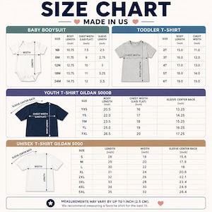 Puede incluir: Tabla de tallas para bodies de beb&eacute;, camisetas para ni&ntilde;os peque&ntilde;os, camisetas juveniles y camisetas unisex. Incluye medidas de largo de cuerpo, ancho de pecho y largo de manga en cm. Hecho en EE. UU.