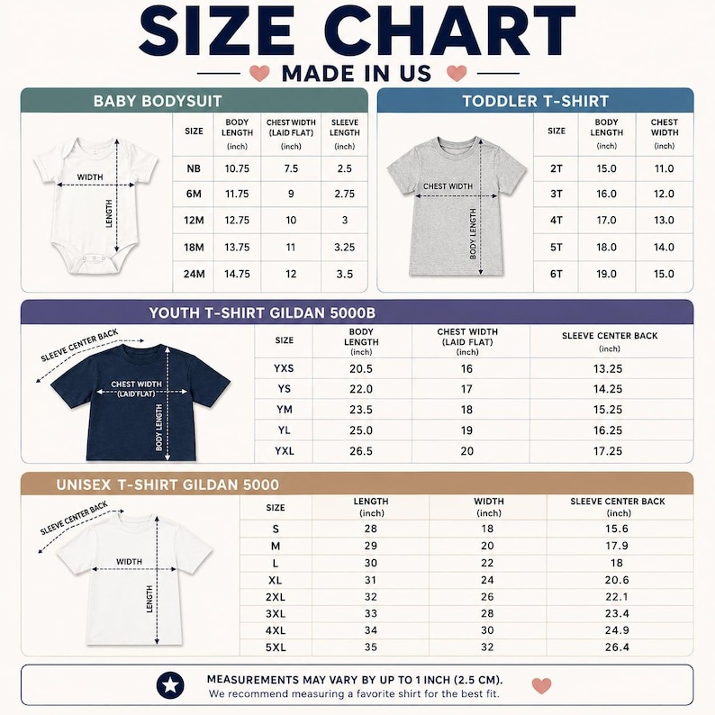 Puede incluir: Tabla de tallas para bodies de beb&eacute;, camisetas para ni&ntilde;os peque&ntilde;os, camisetas juveniles y camisetas unisex. Incluye medidas de largo de cuerpo, ancho de pecho y largo de manga en cm. Hecho en EE. UU.