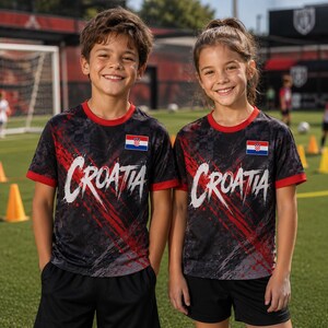 Op de afbeelding: Een zwart en rood sport-T-shirt met korte mouwen en het woord Croatia in witte letters op de borst, voorzien van een rood-wit-blauw Kroatisch vlag-embleem aan de linkerkant, gecombineerd met een effen zwarte sportbroek.