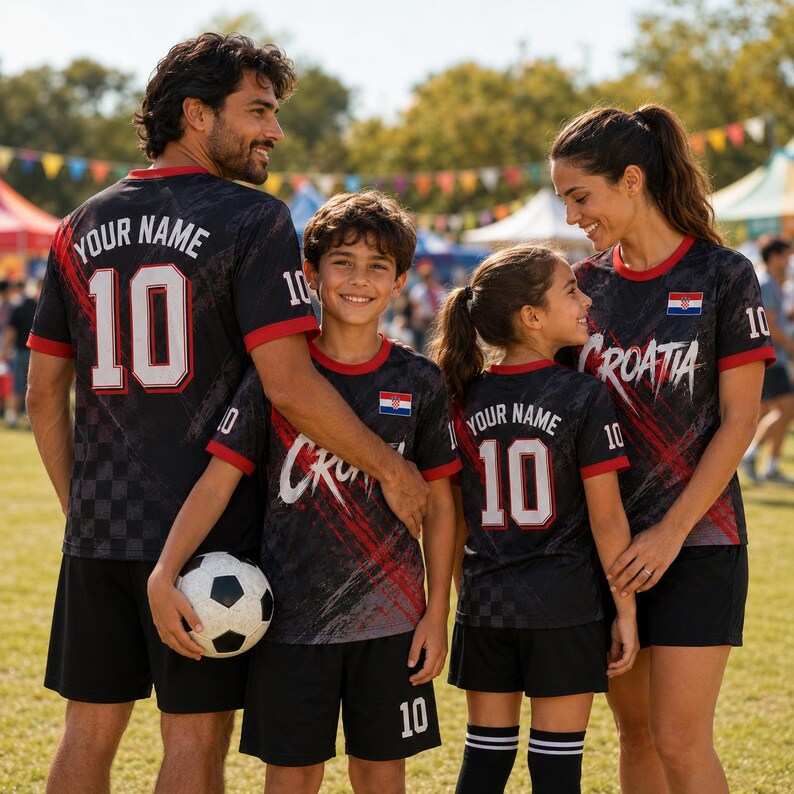 Op de afbeelding: Een groep van vier personen in bijpassende zwarte voetbalshirts met rode accenten, voorzien van de tekst Croatia, het nummer 10 en de tekst Your Name. De shirts hebben een donker ruitpatroon en een klein embleem van de Kroatische vlag.