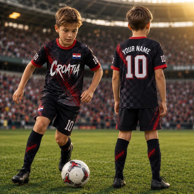 Op de afbeelding: Een zwart voetbaltenue met rode accenten en een ruitpatroon. Het shirt toont de tekst Croatia, het nummer 10 en de Kroatische vlag. Op de achterkant staat de tekst Your Name en het nummer 10. Zwarte korte broek en zwarte voetbalsokken.