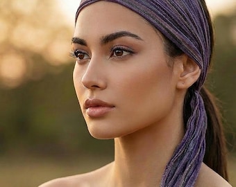 Purple Stripe Tie Back Boho Headband - Headbands for Women, Bohemian Cotton Head Scarf